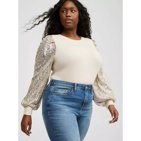 Torrid Champagne Rib Crew Neck Sequin Long Sleeve Size 00 - Picture 1 of 10